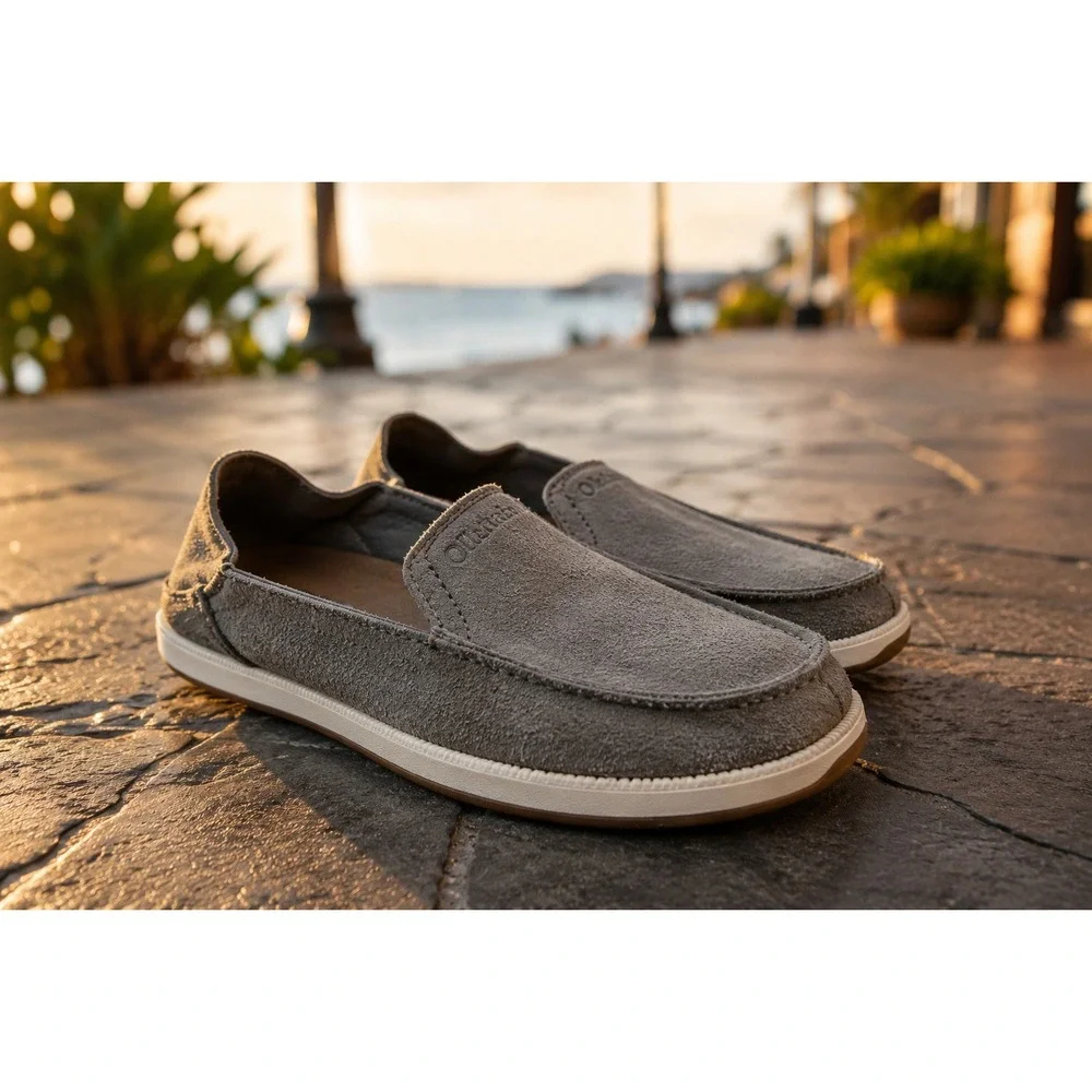 OluKai Kakaha Nia Mens Grey Suede Leather Slip On Loafers Shoes 10557-AUAU Sz 11